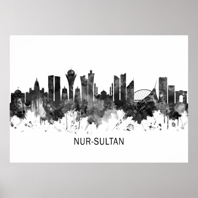 Póster Nur-Sultan Kazajistán Skyline BW (Frente)