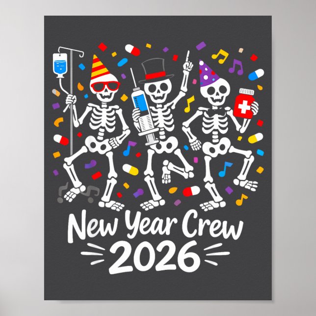 Póster Nurse Skeleton New Year Crew 2026 Funny Er Icu Par (Frente)