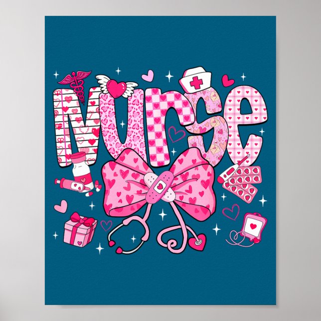 Póster Nurse Valentine's Day Heart Stethoscope Er Icu Nic (Frente)