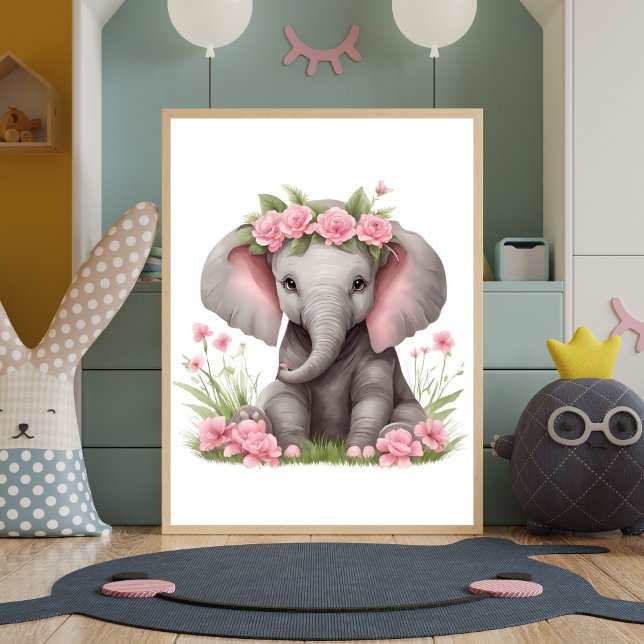Póster Nursera de las flores rosadas del elefante del beb (Cute Adorable Baby Elephant with Pink Flowers on head Nursery Wall Art Wall Decor Poster Print)