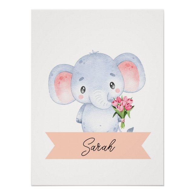 Póster Nursera personalizada de elefantes lindos (Anverso)