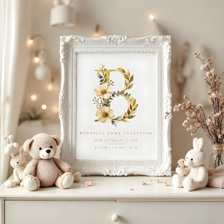 Póster Nursery Cute Romantic Floral B Letter Gold