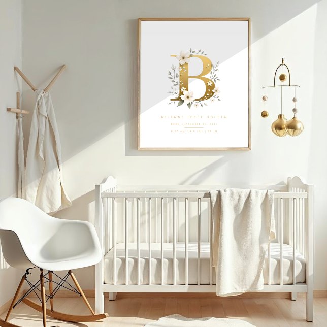Póster Nursery Cute Romantic Floral B Letter Gold Effect (Cute Romantic Floral B Letter in Gold Effect Posters for Nursery.)