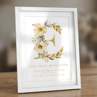 Póster Nursery Cute Romantic Floral E Letter Gold Glitter