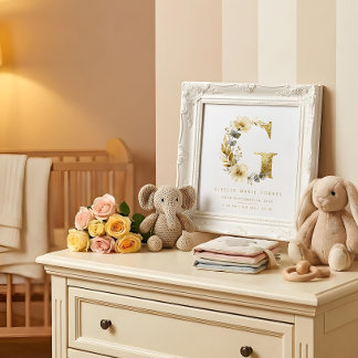 Póster Nursery Cute Romantic Floral G Letter Gold
