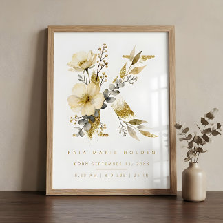 Póster Nursery Cute Romantic Floral K Letter Gold Effect