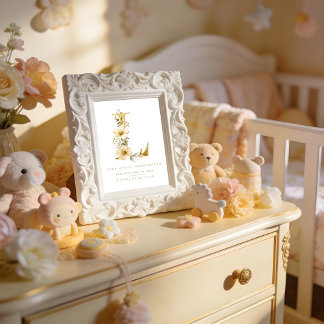 Póster Nursery Cute Romantic Floral L Letter Gold Glitter