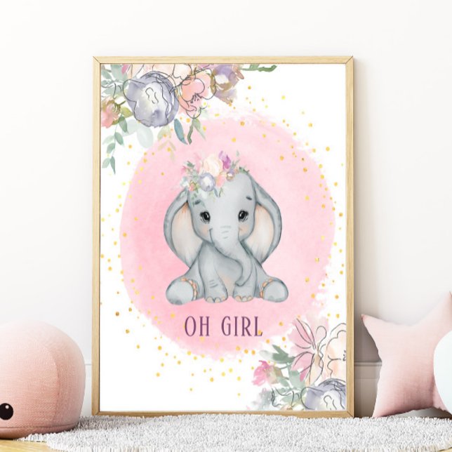 Póster Nursery de niña con elefante acuarela floral rosa (Subido por el creador)
