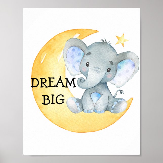 Póster Nursery de Niño Elefante Acuarela Sueña Grande (Frente)