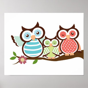 Póster Nursery owl art poster baby with mom dad