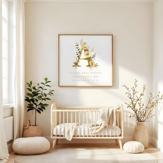 Póster Nursery Romantic Floral A Letter Gold Effect (Delicate Romantic Floral C Letter in Gold Glitter Effect Posters for Nursery Decor.)