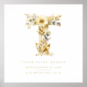 Póster Nursery Romantic Floral T Letter Gold Effect