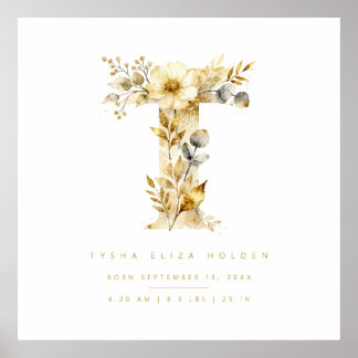 Póster Nursery Romantic Floral T Letter Gold Effect
