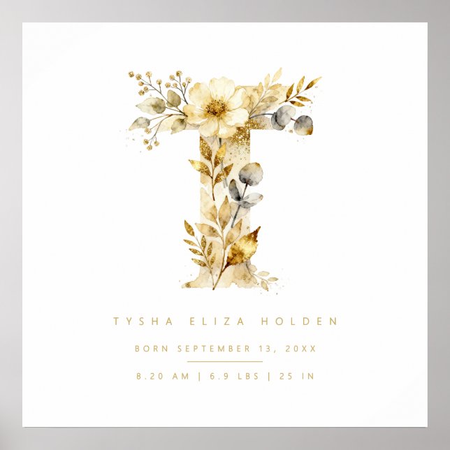 Póster Nursery Romantic Floral T Letter Gold Effect (Frente)