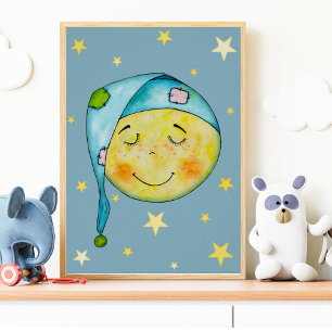 Póster Nursery Wall Art Moon Sun Stars Poster azul amaril