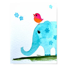 Nursery wallart_ acuarela Elefante y ave rosa