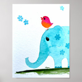 Póster Nursery wallart_ acuarela Elefante y ave rosa