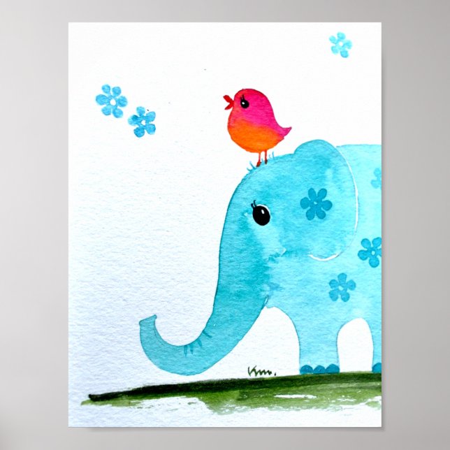 Póster Nursery wallart_ acuarela Elefante y ave rosa (Frente)