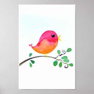 Póster Nursery wallart_ Watercolor Pájaro rosa