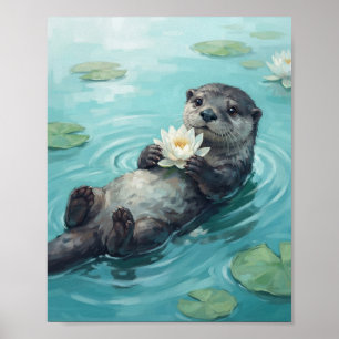 Póster Nutria de río flotando con lirio de agua acuarela 