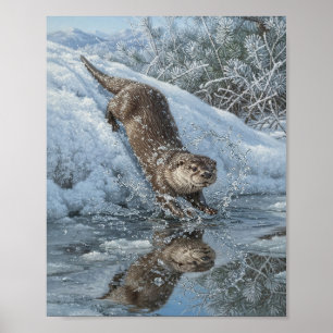 Póster Nutria de Río Norteamericana Deslizándose en Nieve