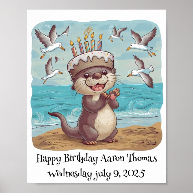 Póster nutria marina usando pastel gorra de cumpleaños ap (Frente)