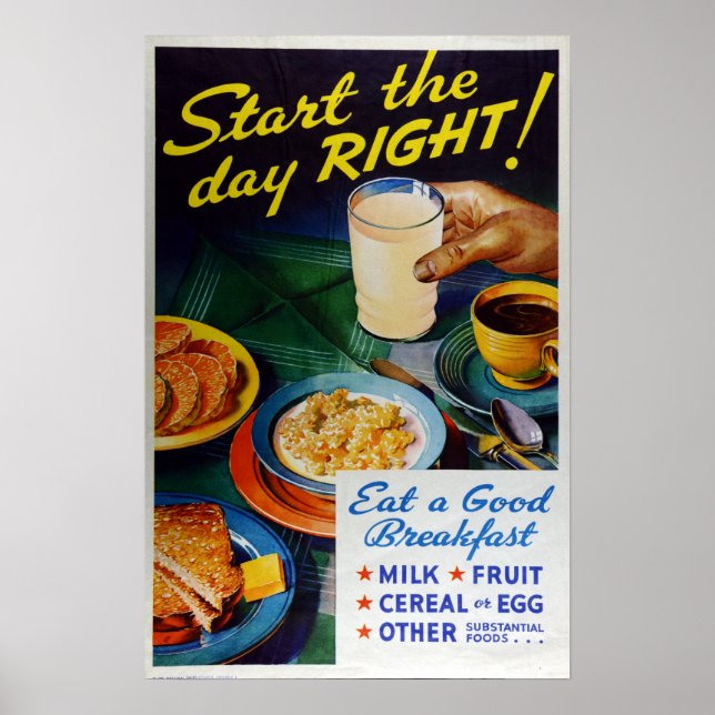 Póster Nutrición Vintage Desayuno Leche Cereal Fruta (Frente)