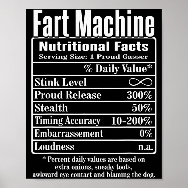 Póster Nutrion Facts Fart Machine Dad Jokes Funny Farting (Frente)