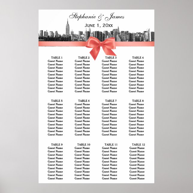 Póster NYC Ancho Skyline Etched BW Coral Bow (Frente)