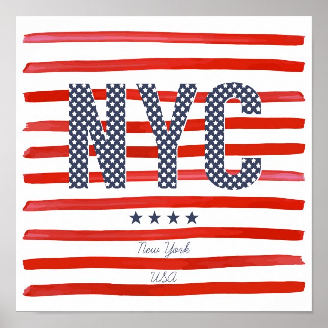 Póster NYC | Diseño rojo, blanco y azul (Frente)