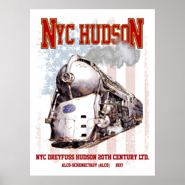 Póster NYC Dreyfuss Hudson Locomotive. American flag (Frente)