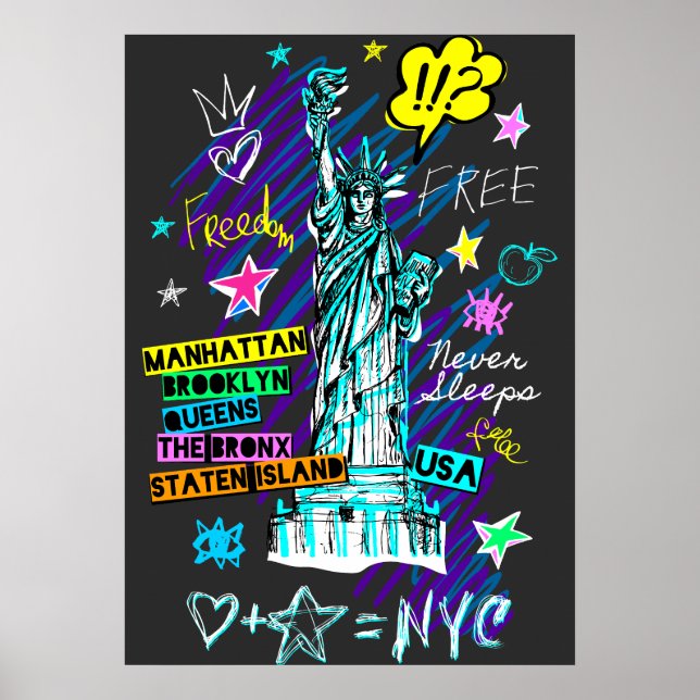 Póster NYC Estatua de la Libertad Viaje de Doodle Art (Frente)