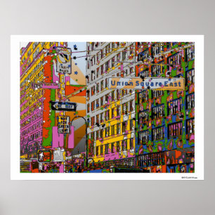 Póster NYC psicodélico: Edificio Union Square, St Rótulo