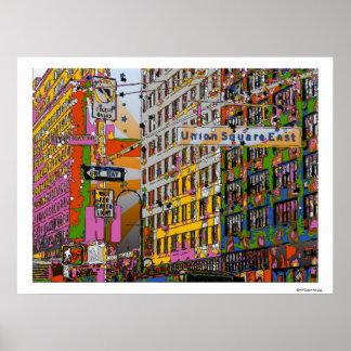 Póster NYC psicodélico: Edificio Union Square, St Rótulo