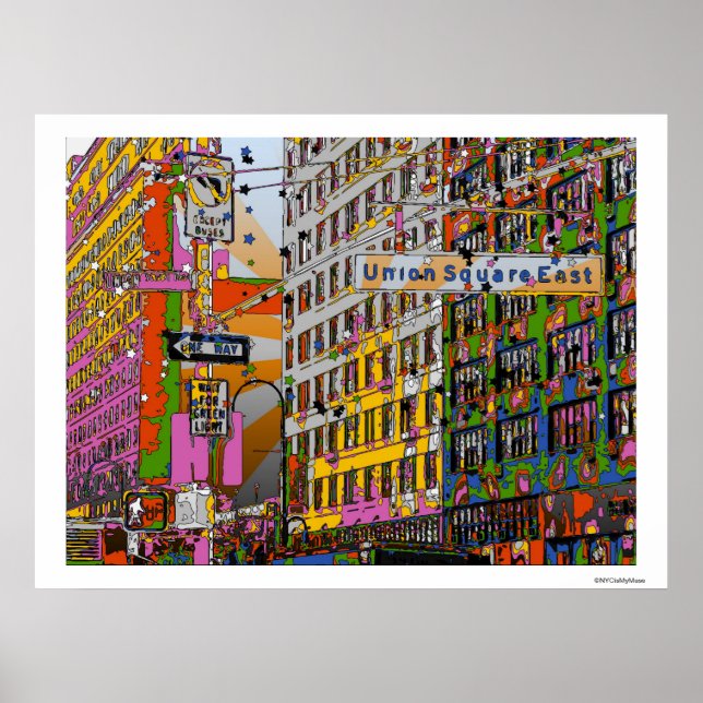 Póster NYC psicodélico: Edificio Union Square, St Rótulo  (Frente)