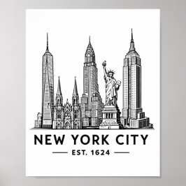 Póster NYC Skyline Illustration with Statue of Liberty
