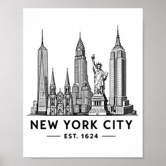 Póster NYC Skyline Illustration with Statue of Liberty