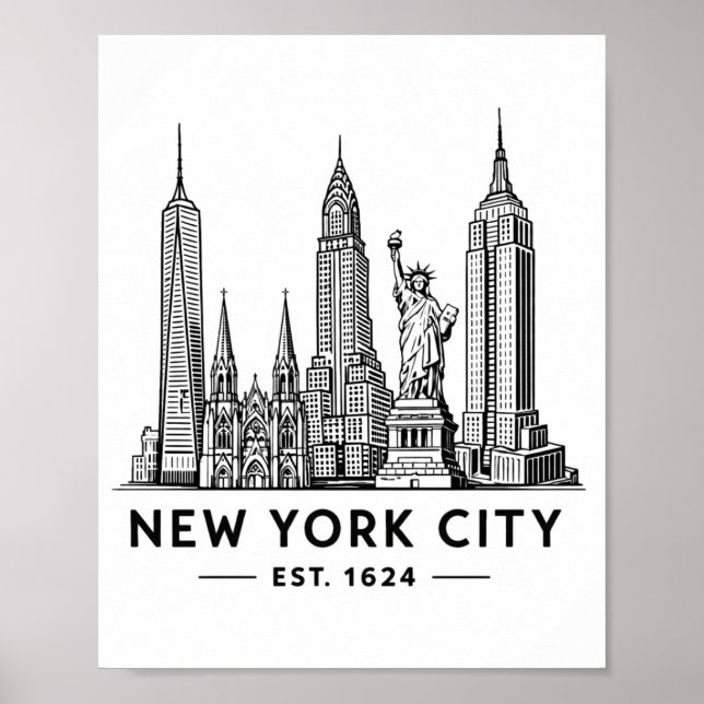 Póster NYC Skyline Illustration with Statue of Liberty (Frente)