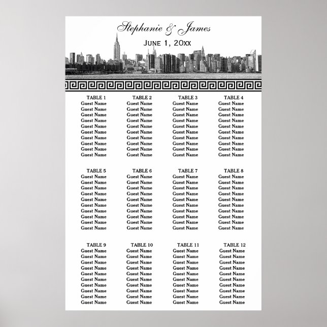 Póster NYC Wide Skyline Etch BW Black Greek Key S (Frente)