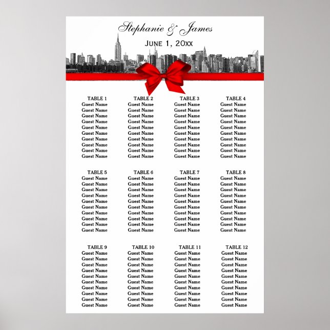 Póster NYC Wide Skyline Etched BW Red Bow (Frente)