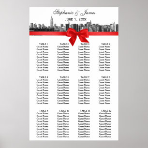 Póster NYC Wide Skyline Etched BW Red Bow