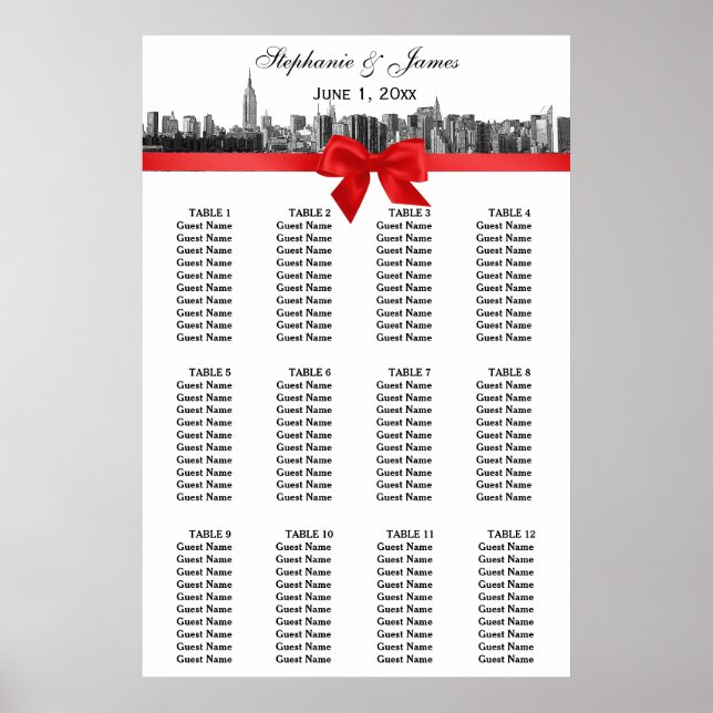 Póster NYC Wide Skyline Etched BW Red Bow (Frente)