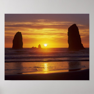 Póster O, Costa de Oregón, Playa de Cannon, estanques en