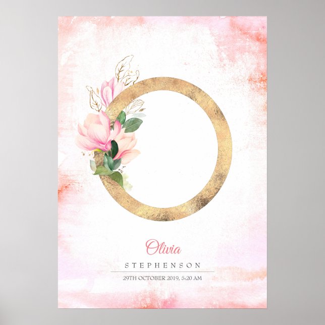 Póster O Letra Monograma Oro Salta Magnolia Rosa Floral (Frente)