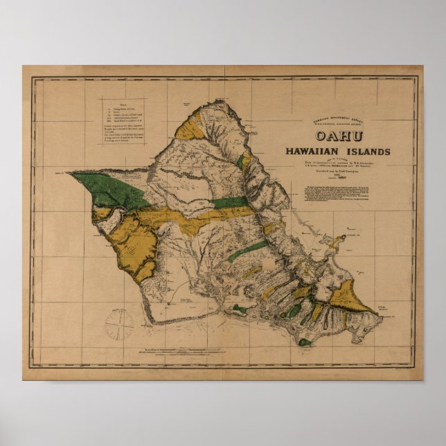 Póster Oahu, 1881, Mapa hawaiano vintage (Frente)