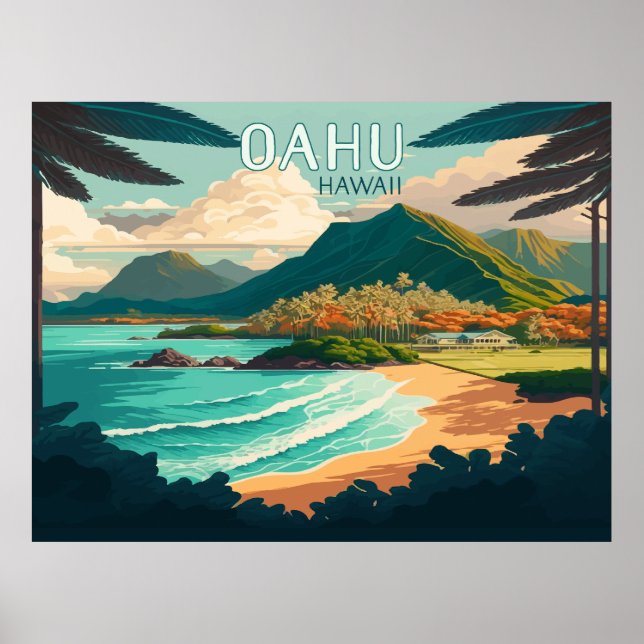 Póster Oahu Hawaii Beach Vintage Retro (Frente)