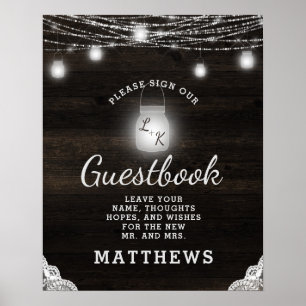 Póster Oak Ridge Rustic Dark Wood Monogram Guestbook Sign