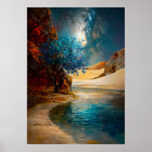 Póster Oasis bajo las estrellas - Paisaje del desierto ce