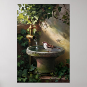 Póster Oasis de Jardín: El Gorrión en la Fuente