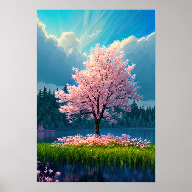 Póster Oasis encantado, tranquilo árbol sakura (Frente)